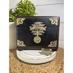 VTG Koi Pearled Chinese LacquerJewelry Box Brass Hardware Accents Lock- AS-IS